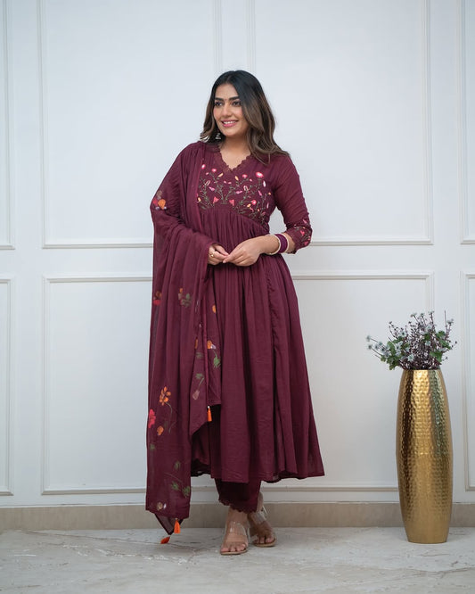 Wine Floral Hand-Embroidered Anarkali Set