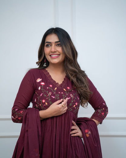 Wine Floral Hand-Embroidered Anarkali Set