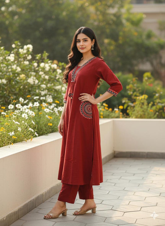 Classic Maroon Embroidered Kurta Set