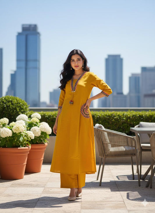 Sunlit Mustard Embroidered Kurta Set