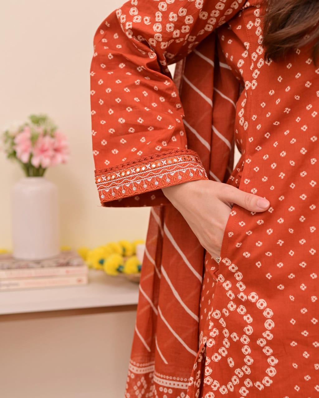Rust Bandhani Print Kurta Set with Dupatta