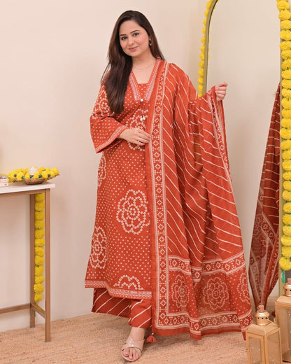 Rust Bandhani Print Kurta Set with Dupatta