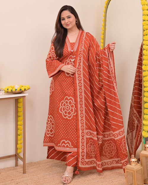 Rust Bandhani Print Kurta Set with Dupatta