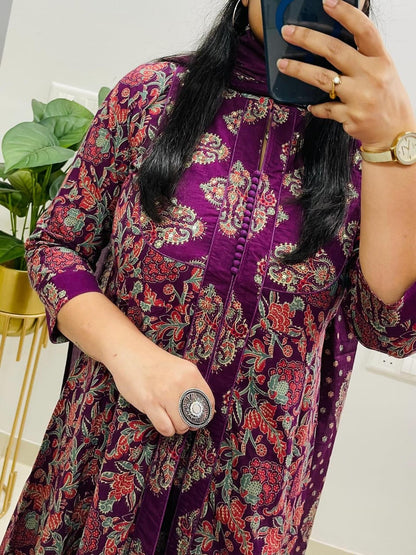 Royal Plum Floral Printed Long Kurta Set