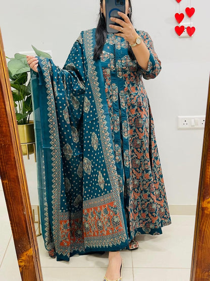 Ajrakh Printed Anarkali Heavy Cotton Kurti Pant Dupatta Set For Women (Set Of 3)