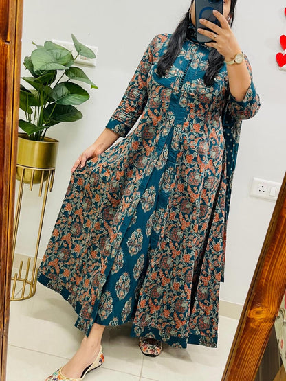 Ajrakh Printed Anarkali Heavy Cotton Kurti Pant Dupatta Set For Women (Set Of 3)