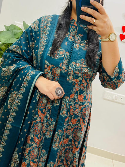 Ajrakh Printed Anarkali Heavy Cotton Kurti Pant Dupatta Set For Women (Set Of 3)