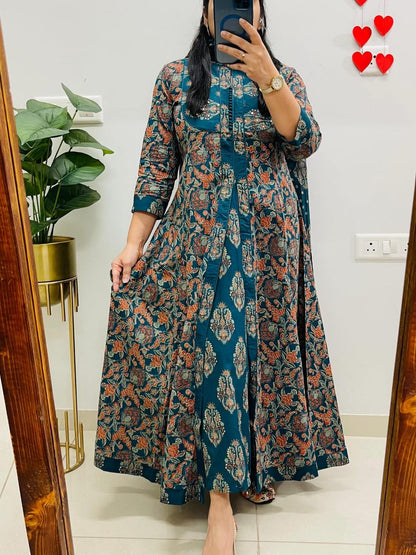 Ajrakh Printed Anarkali Heavy Cotton Kurti Pant Dupatta Set For Women (Set Of 3)