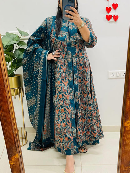 Ajrakh Printed Anarkali Heavy Cotton Kurti Pant Dupatta Set For Women (Set Of 3)