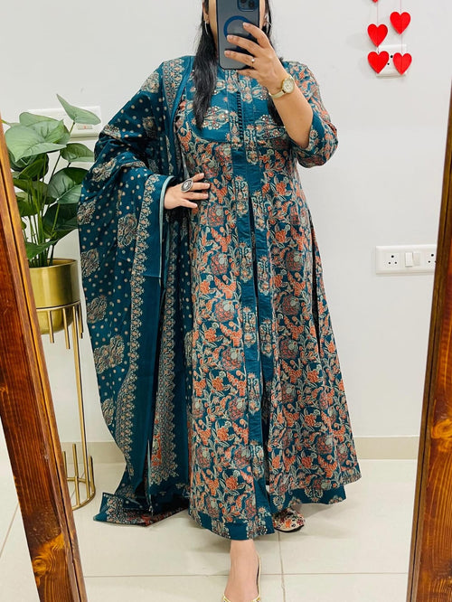 Ajrakh Printed Anarkali Heavy Cotton Kurti Pant Dupatta Set For Women (Set Of 3)