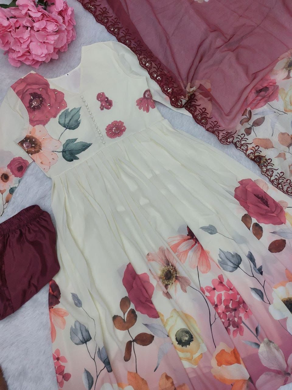 Ivory & Blush Floral Anarkali Set with Printed Dupatta