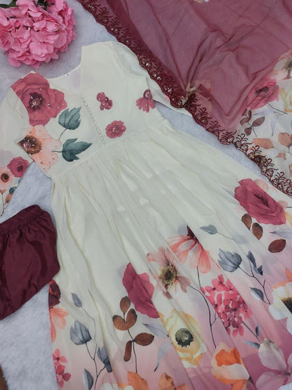 Ivory & Blush Floral Anarkali Set with Printed Dupatta