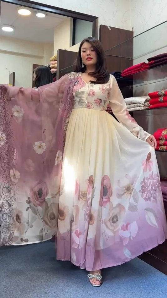 Ivory & Blush Floral Anarkali Set with Printed Dupatta