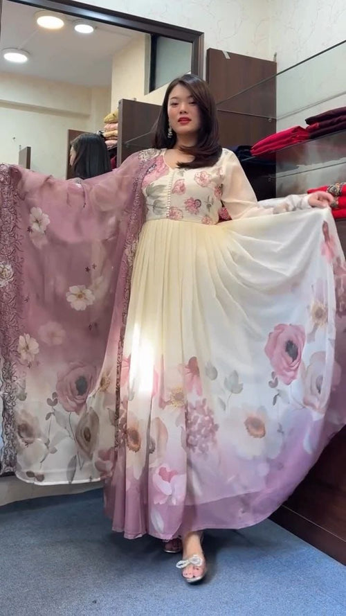 Ivory & Blush Floral Anarkali Set with Printed Dupatta