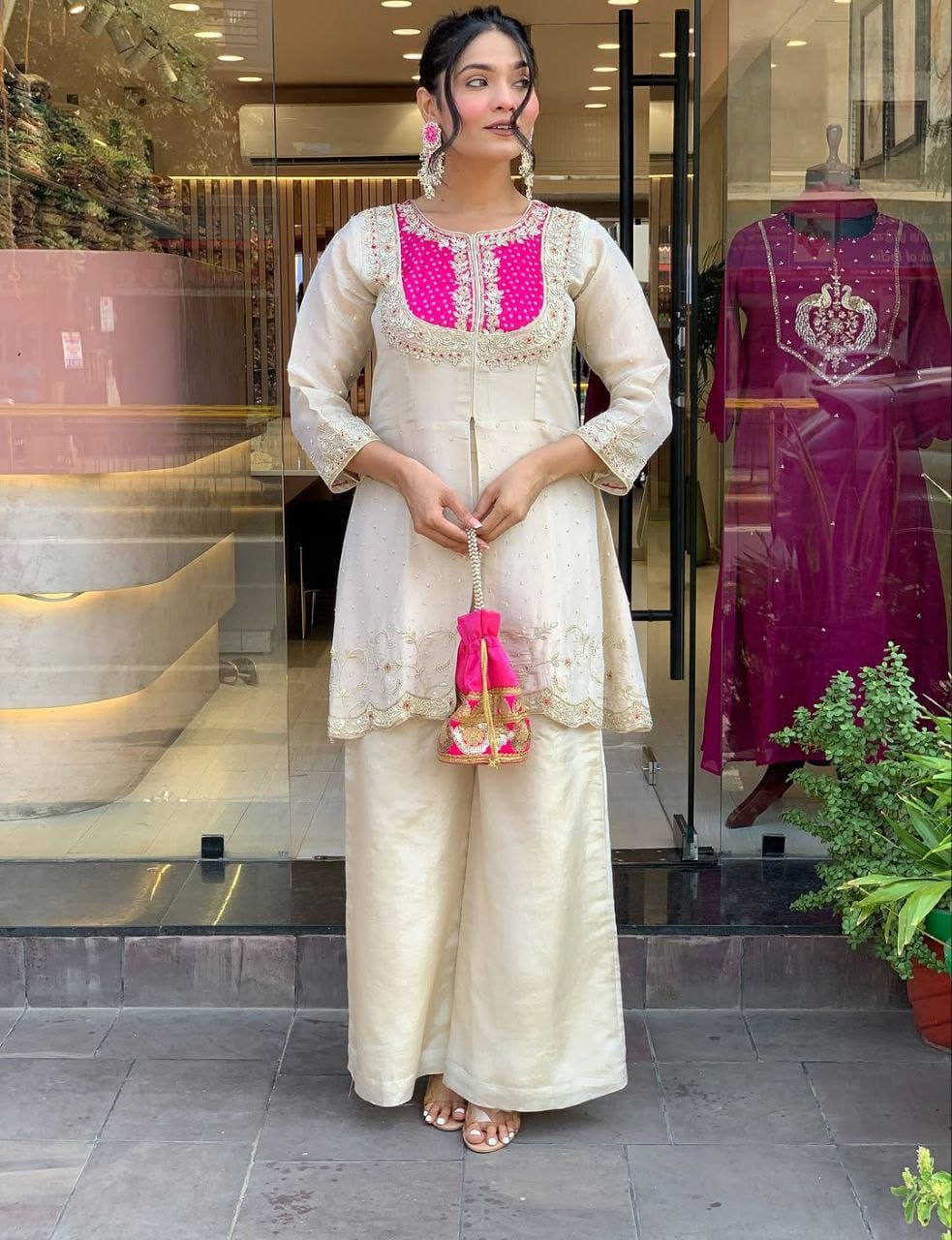 Ivory & Fuchsia Embroidered Tunic Palazzo Set