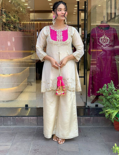 Ivory & Fuchsia Embroidered Tunic Palazzo Set