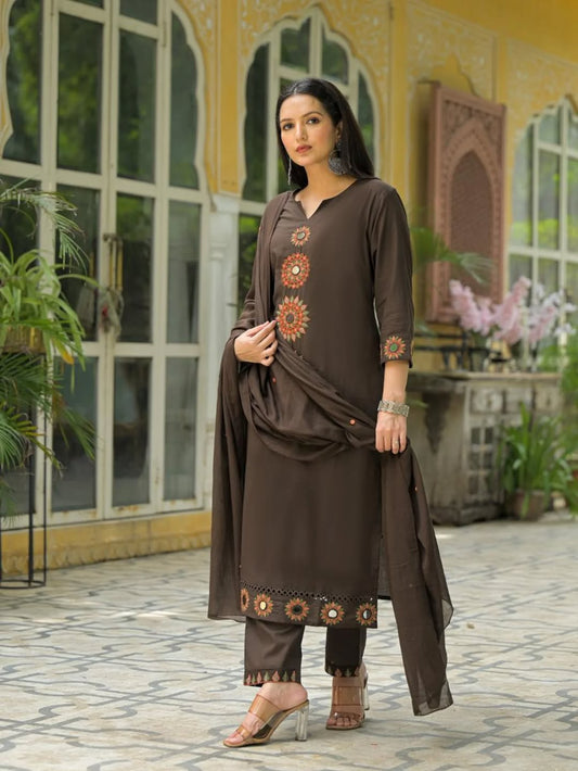 Coffee Brown Embroidered Kurta Set with Matching Dupatta