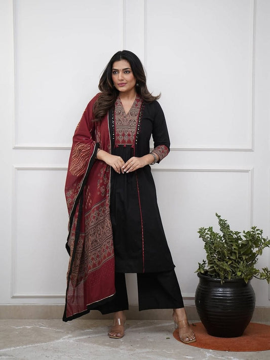 Black Maroon Ajrakh Printed Yoke Kurta Set with Palazzo & Dupatta