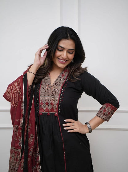 Black Maroon Ajrakh Printed Yoke Kurta Set with Palazzo & Dupatta