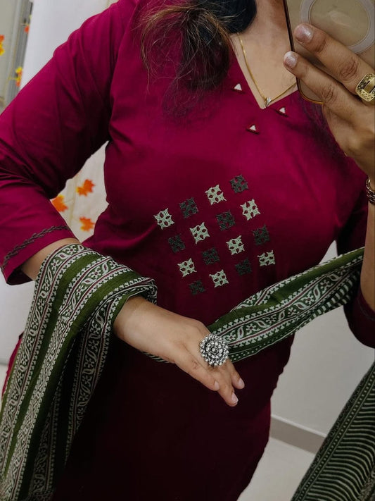 Premium Wine Red Kurti Pant Dupatta Set