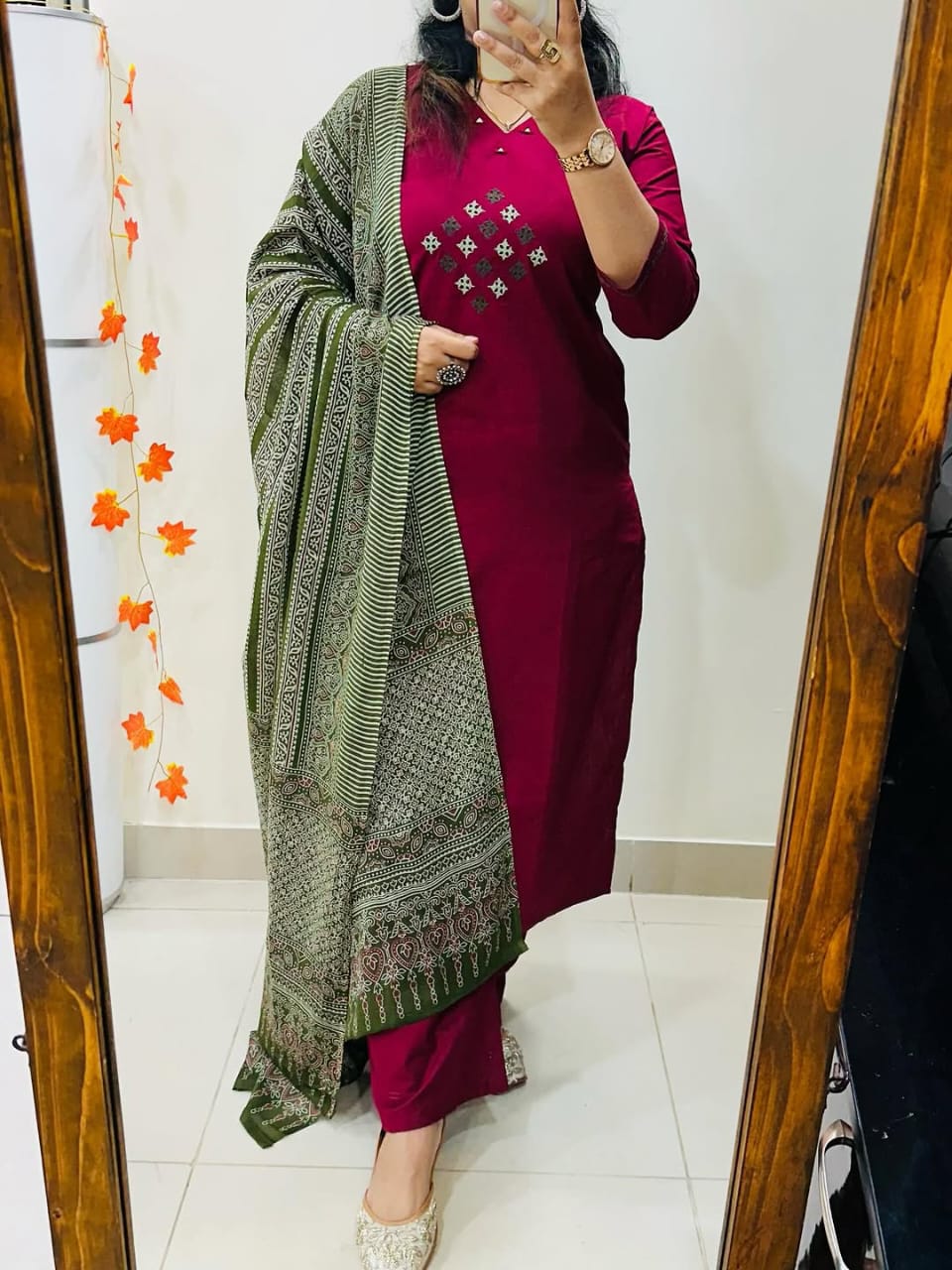 Premium Wine Red Kurti Pant Dupatta Set