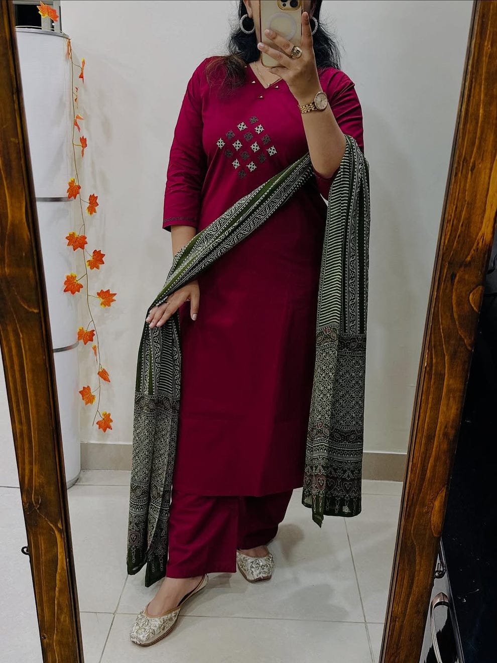 Premium Wine Red Kurti Pant Dupatta Set