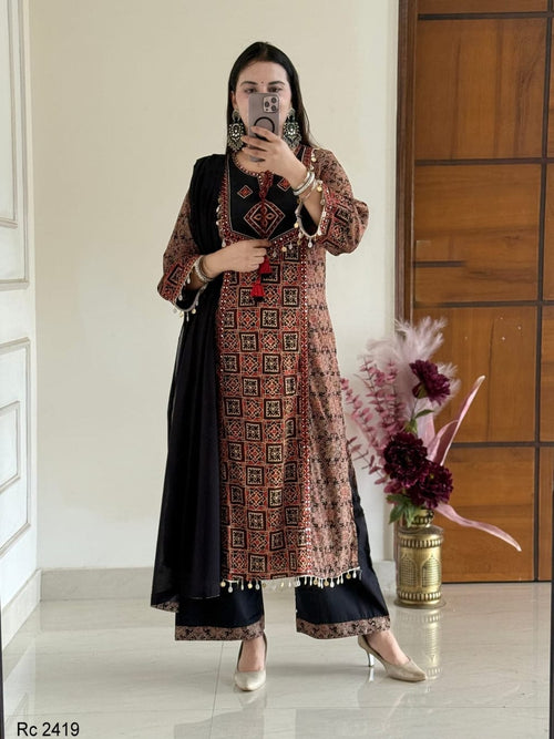 Midnight Black Handblock Printed Kurta Set with Embroidered Yoke & Dupatta