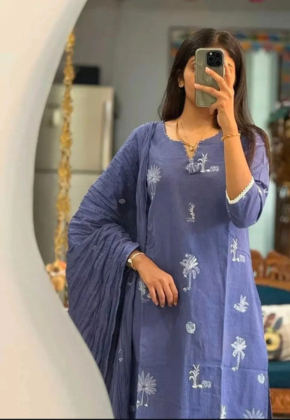 Premium Indigo Blue Cotton Kurti Pant Dupatta Set