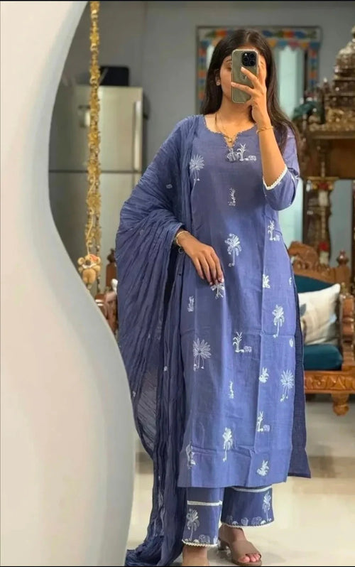Premium Indigo Blue Cotton Kurti Pant Dupatta Set