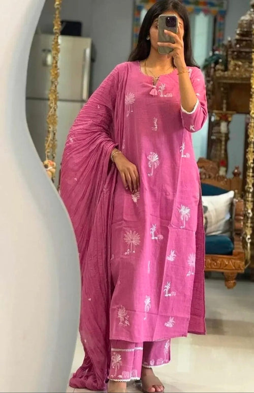 Women’s Pink Embroidered Cotton Kurta Pant Set with Dupatta
