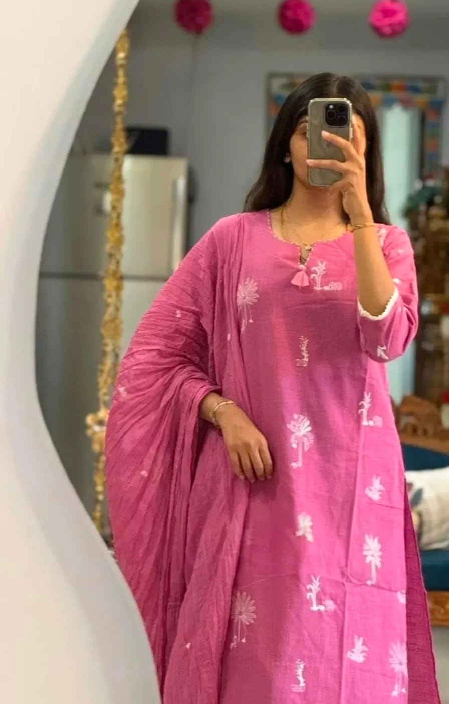 Women’s Pink Embroidered Cotton Kurta Pant Set with Dupatta
