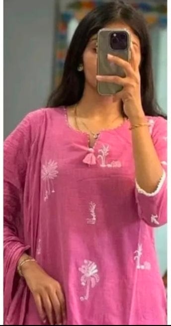 Women’s Pink Embroidered Cotton Kurta Pant Set with Dupatta