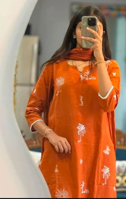 Women’s Orange Embroidered Cotton Kurta Pant Set with Dupatta