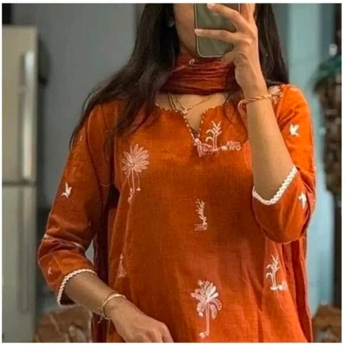 Women’s Orange Embroidered Cotton Kurta Pant Set with Dupatta