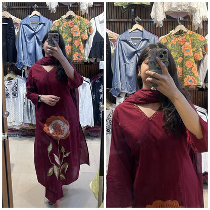 Maroon Floral Work Kurta Set with Dupatta for Women