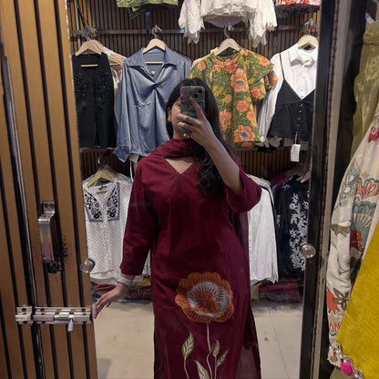 Maroon Floral Work Kurta Set with Dupatta for Women
