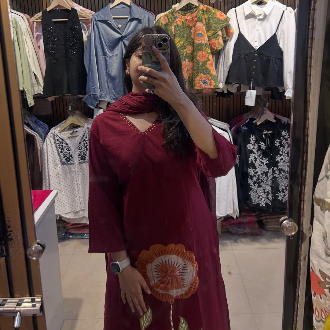 Maroon Floral Work Kurta Set with Dupatta for Women