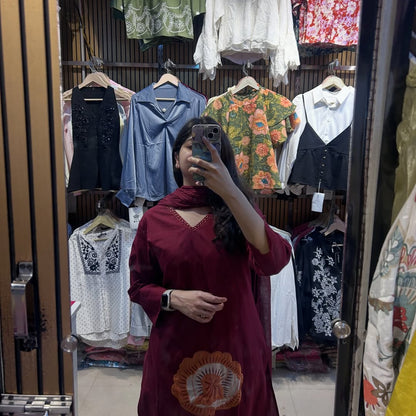 Maroon Floral Work Kurta Set with Dupatta for Women