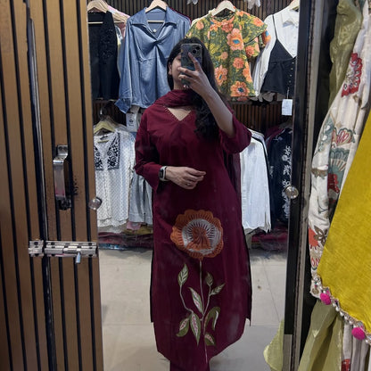 Maroon Floral Work Kurta Set with Dupatta for Women