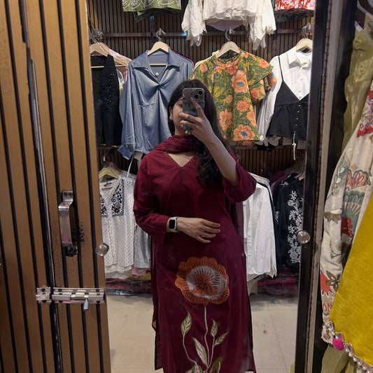 Maroon Floral Work Kurta Set with Dupatta for Women