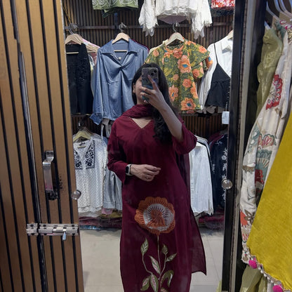 Maroon Floral Work Kurta Set with Dupatta for Women