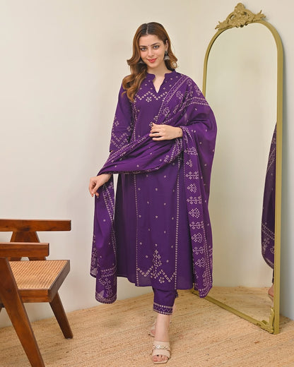Purple Printed Kurta Pant Set with Dupatta for Women