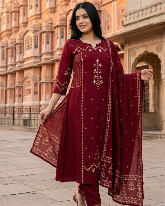 Maroon Printed Kurta Pant Set with Dupatta for Women