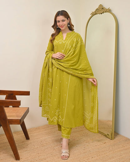 Lime Green Printed Kurta Pant Set with Dupatta for Women