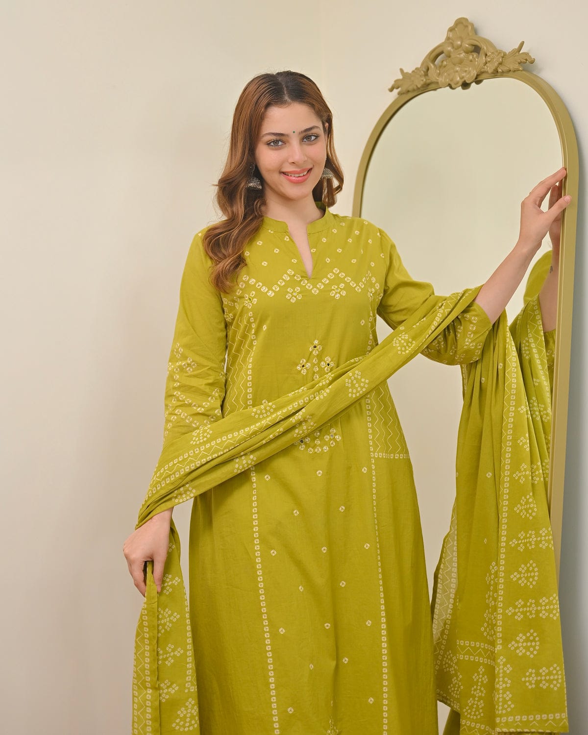 Lime Green Printed Kurta Pant Set with Dupatta for Women