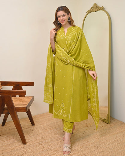 Lime Green Printed Kurta Pant Set with Dupatta for Women