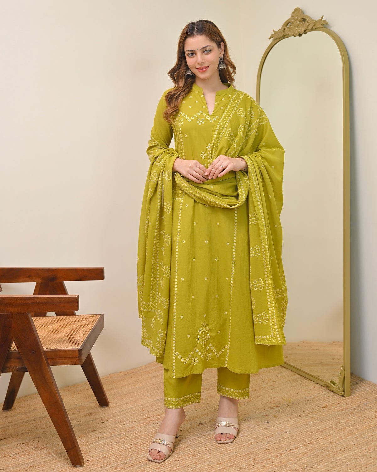 Lime Green Printed Kurta Pant Set with Dupatta for Women