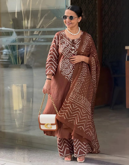 Brown Bandhani Printed Kurta Set with Dupatta