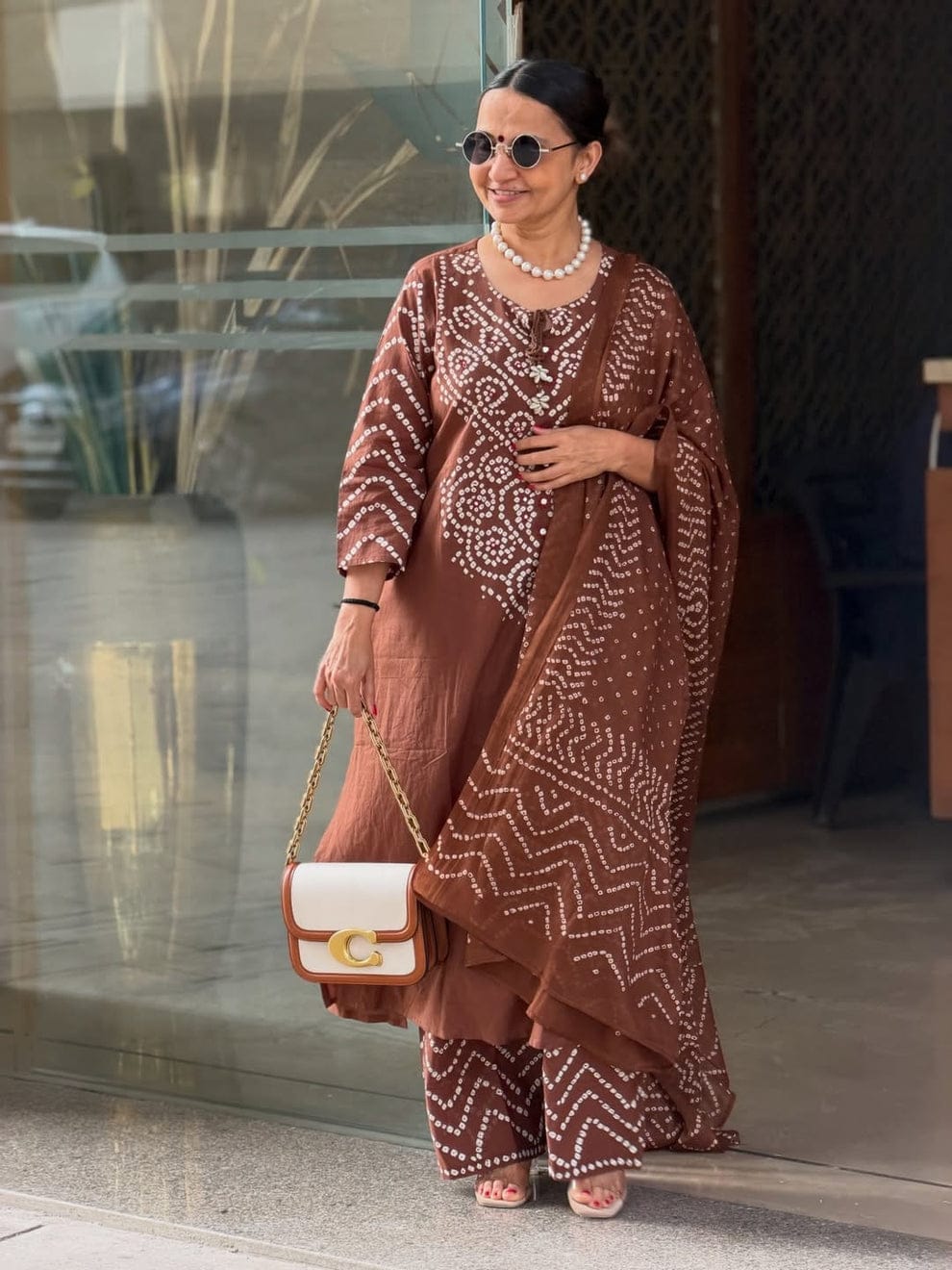 Brown Bandhani Printed Kurta Set with Dupatta