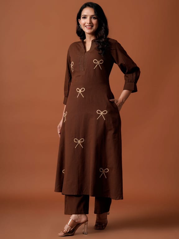 Chocolate Brown Bow Embroidered Kurta Set